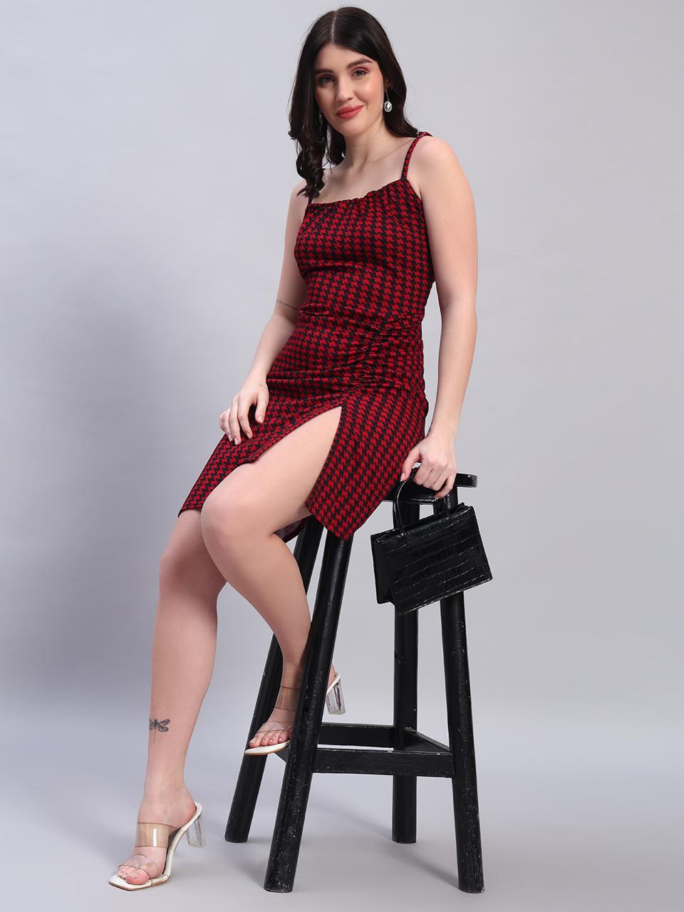 Lycra Midi Dress- White, Red