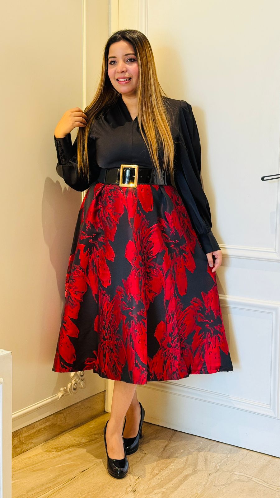 Amora Belt Dress- Beige, Red, Orange, Yellow