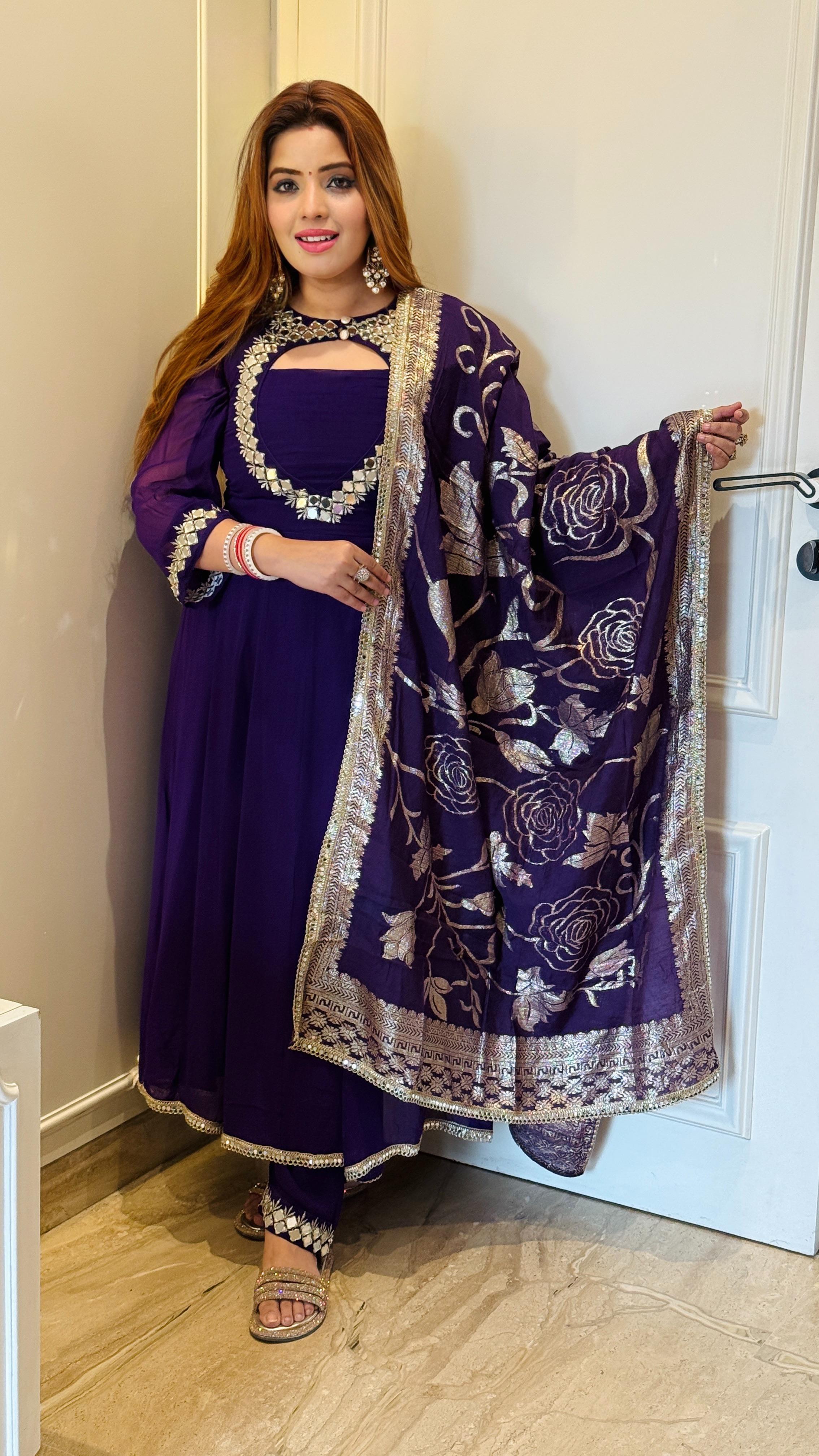 Aarvi Anarkali Set- White, Purple, Red, Black