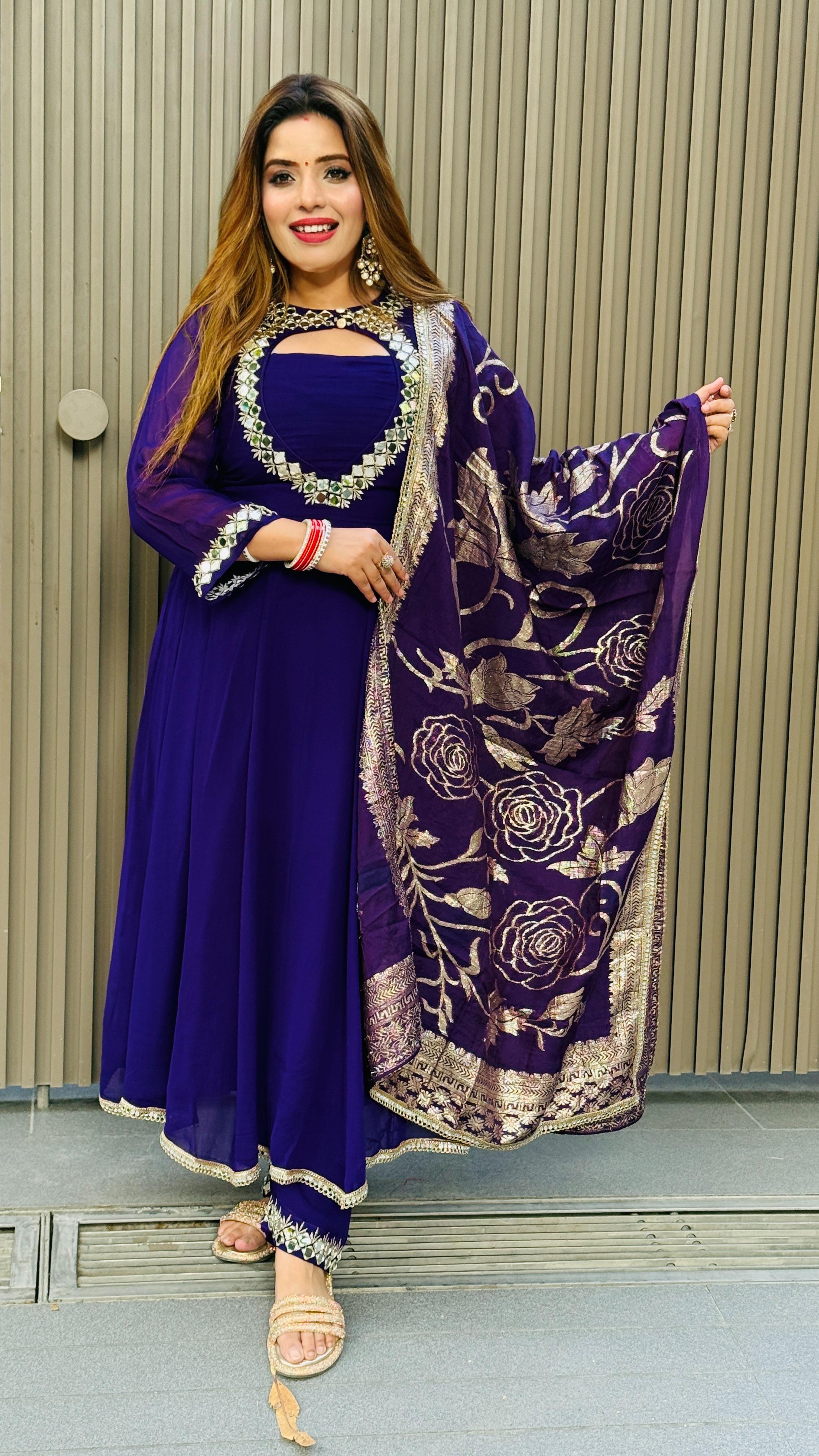 Aarvi Anarkali Set- White, Purple, Red, Black