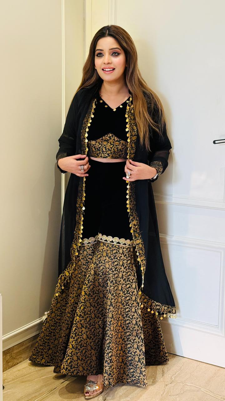 Purple, Black Velvet Indo-Western Set