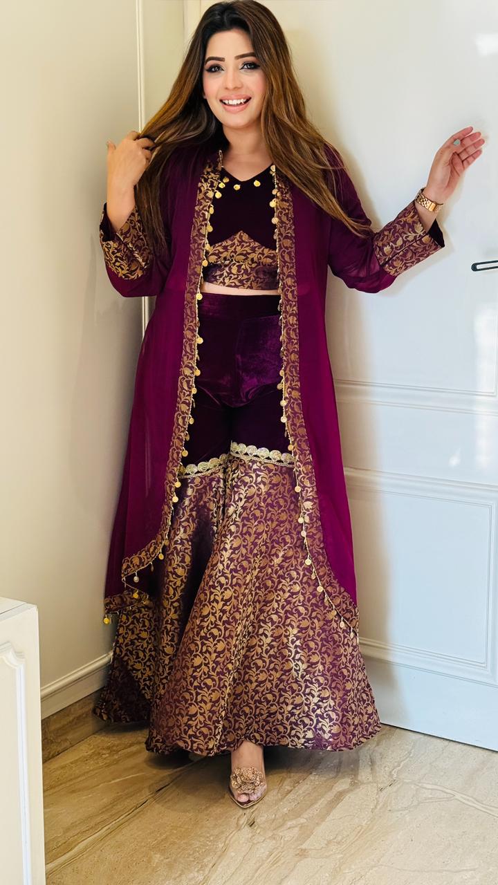Purple, Black Velvet Indo-Western Set