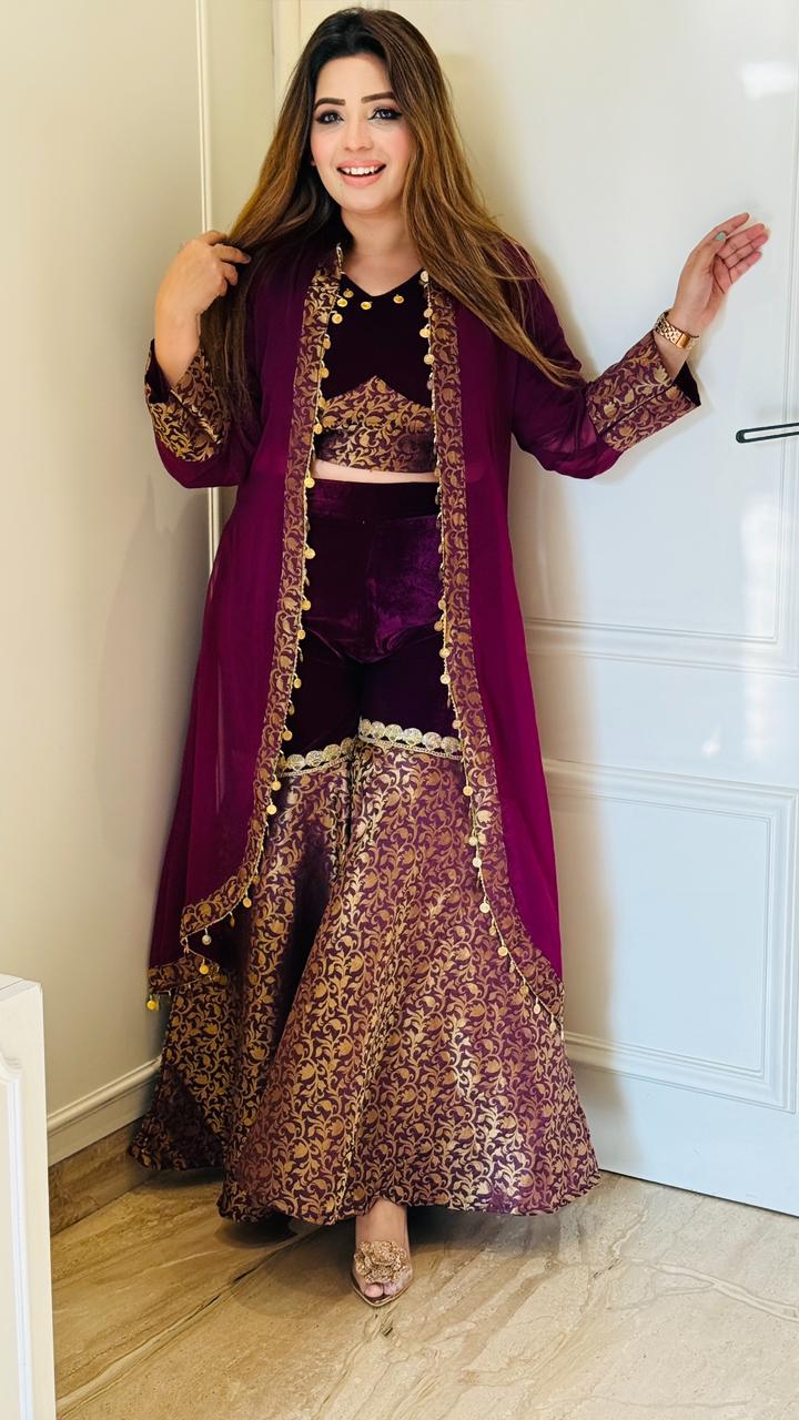Purple, Black Velvet Indo-Western Set