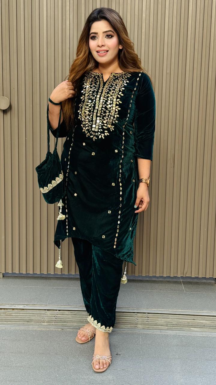 Arvisha Velvet Kurta Set- Green, Black, Purple