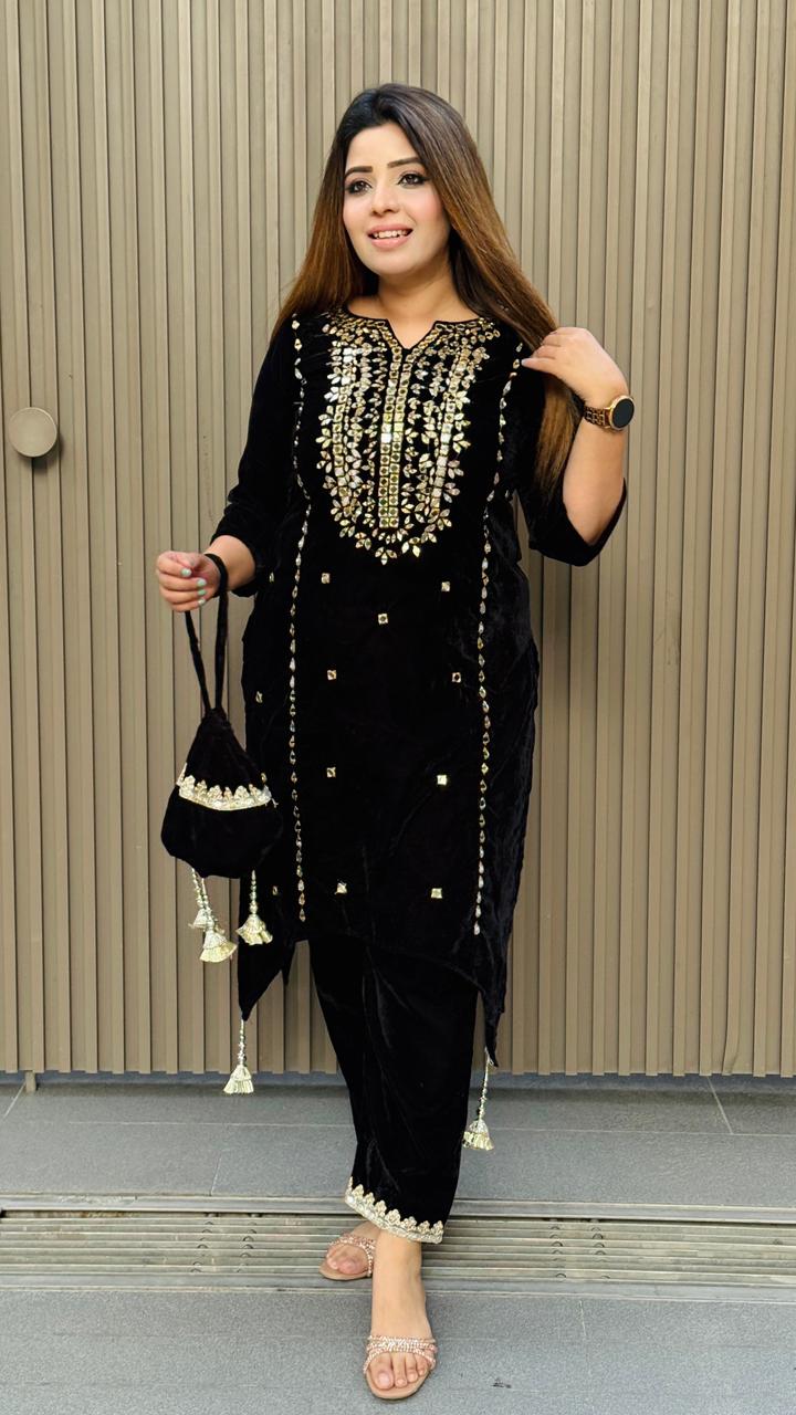 Arvisha Velvet Kurta Set- Green, Black, Purple