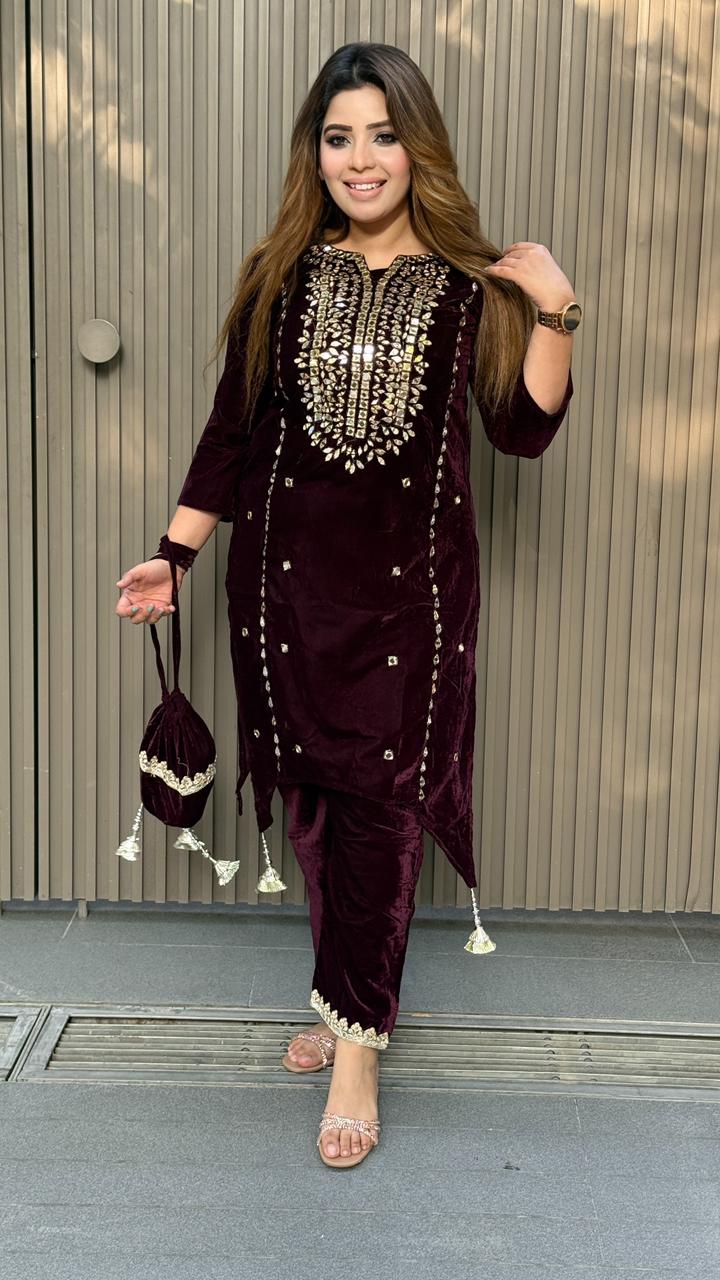 Arvisha Velvet Kurta Set- Green, Black, Purple