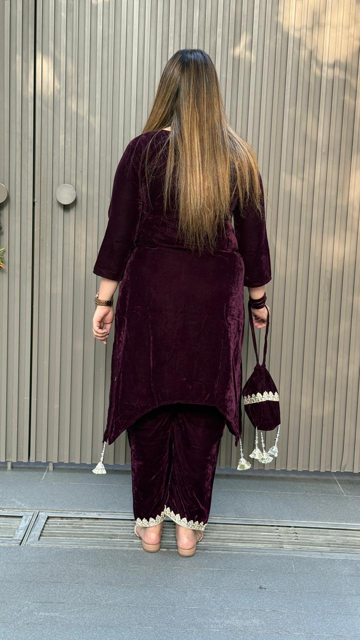 Arvisha Velvet Kurta Set- Green, Black, Purple