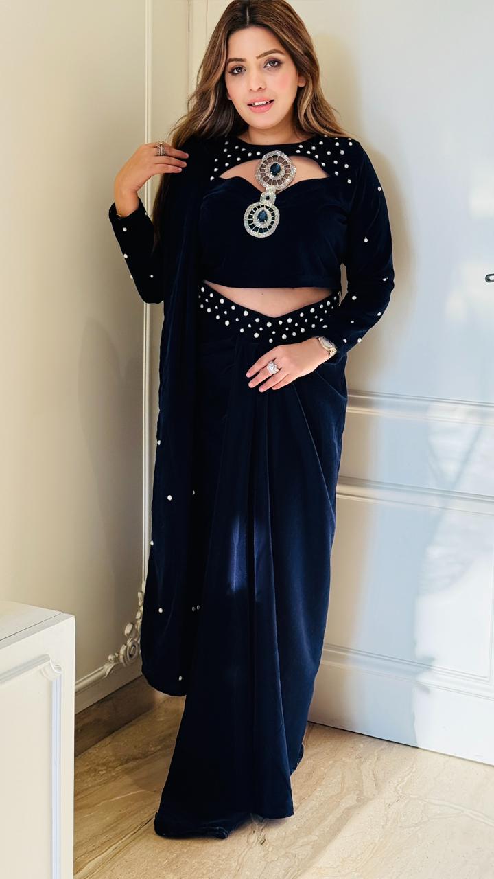 Blue, Purple Velvet Drape Saree