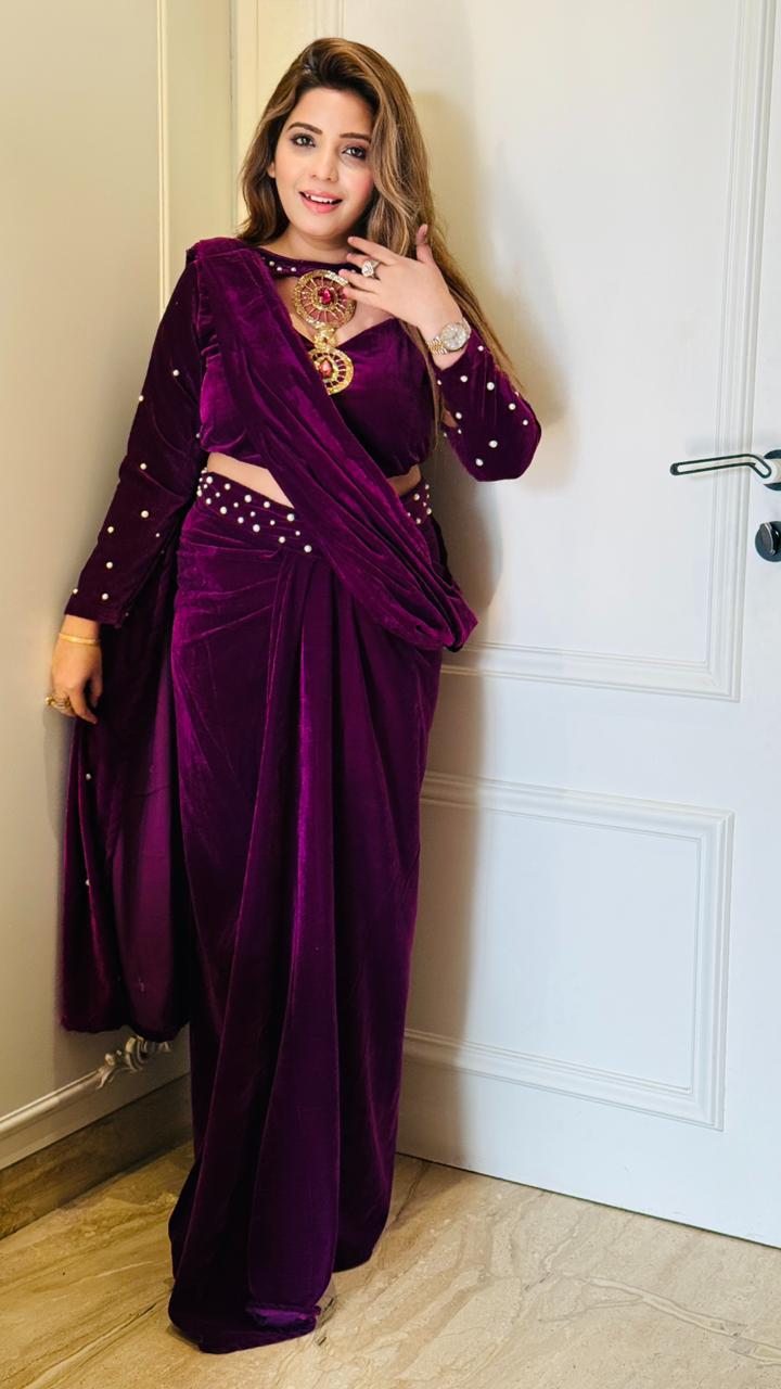 Blue, Purple Velvet Drape Saree