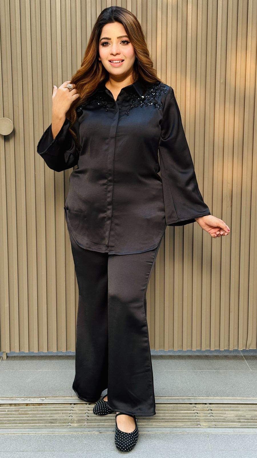 Vanya Bell Bottom Cordset- Beige, Black