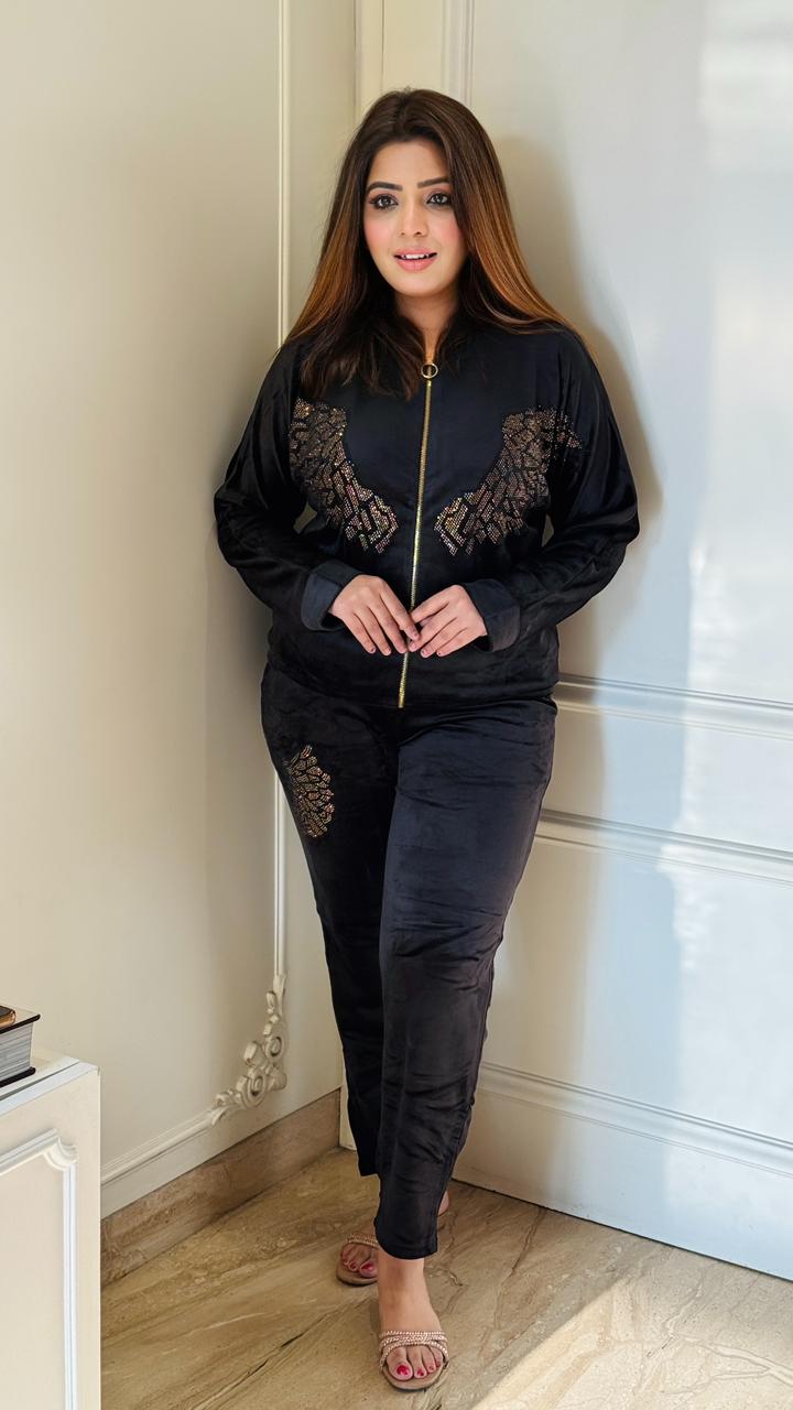 Velore Velvet Tracksuit- Green, Maroon, Black, Grey, Pink