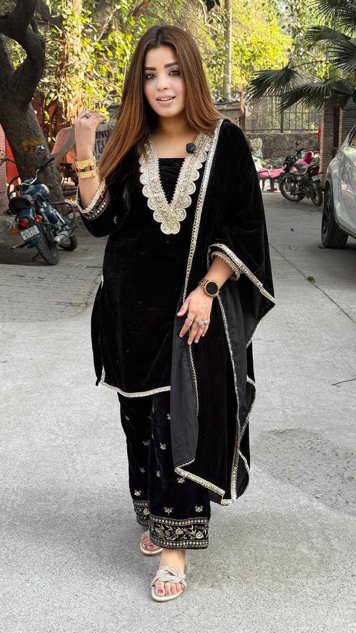 Zareen Velvet Suit Set- Navy, Purple, Black