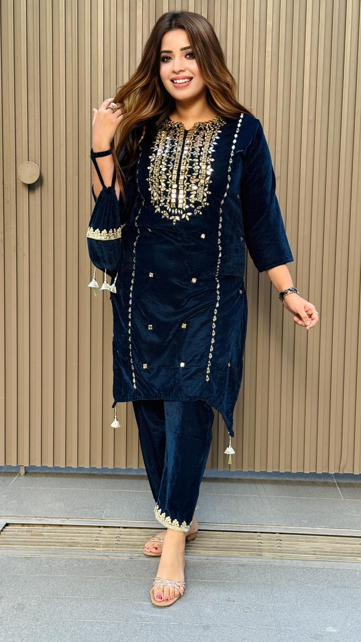Arvisha Velvet Kurta Set- Green, Black, Purple, Blue