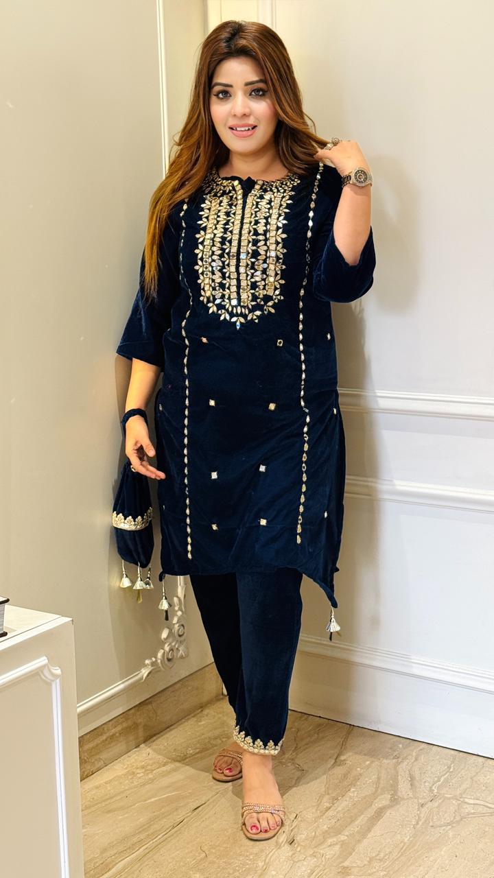 Arvisha Velvet Kurta Set- Green, Black, Purple, Blue