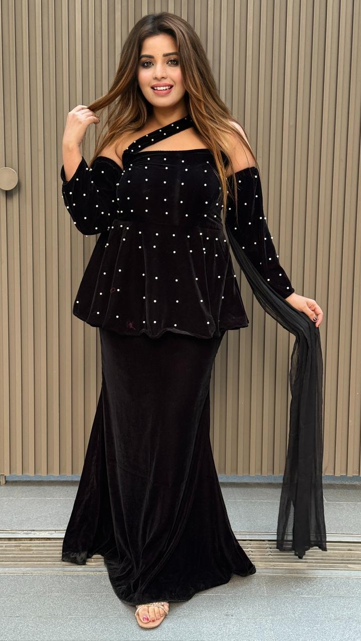 Pearlva Peplum Set- Maroon, Black