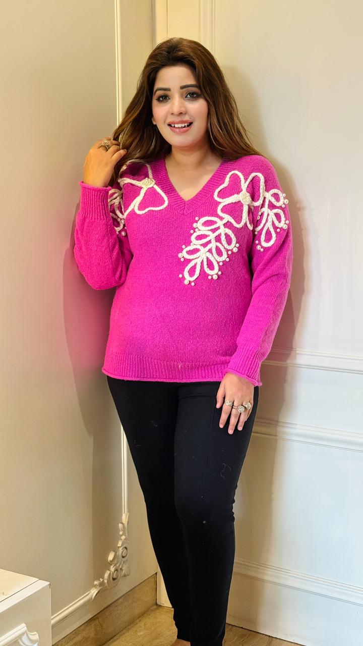 Belgin Woolen Sweater- Green, Grey, White, Pink