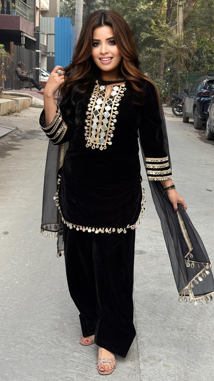 Noorvia Farshi Suit Set- Purple, Pink, Mustard, Black