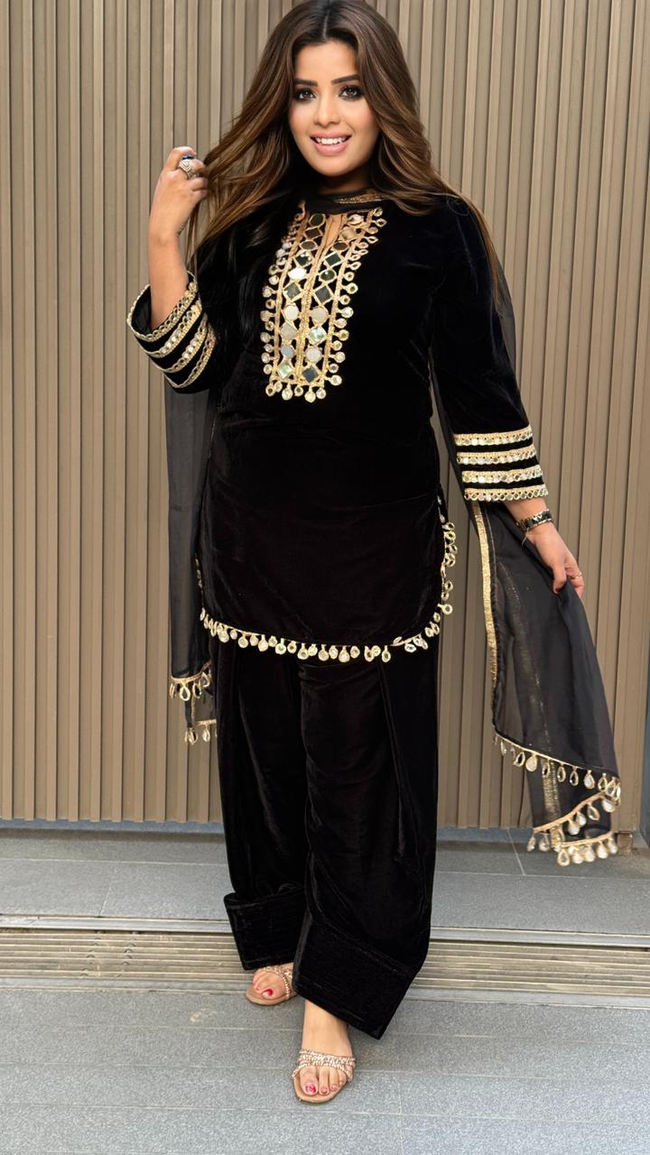 Noorvia Farshi Suit Set- Purple, Pink, Mustard, Black