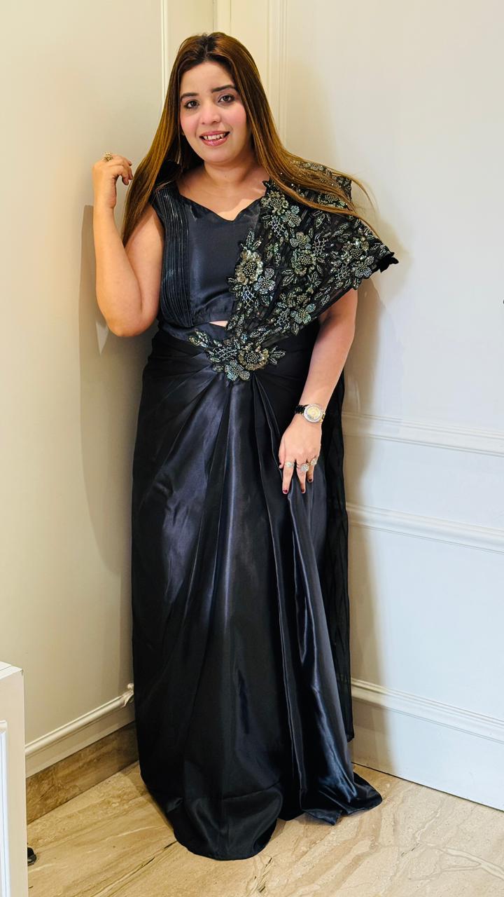 Kiara Satin Drape Saree- Pink, Black