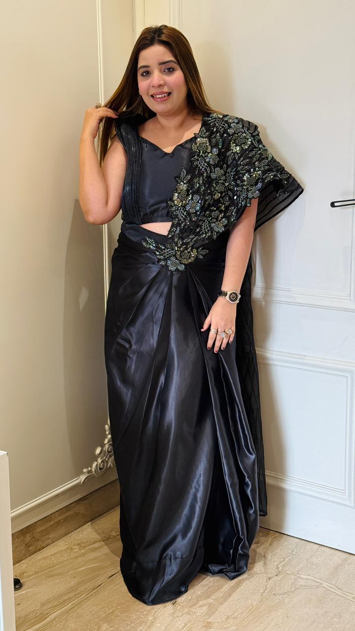 Kiara Satin Drape Saree- Pink, Black