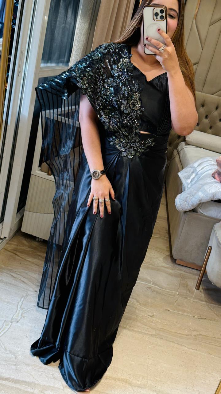 Kiara Satin Drape Saree- Pink, Black