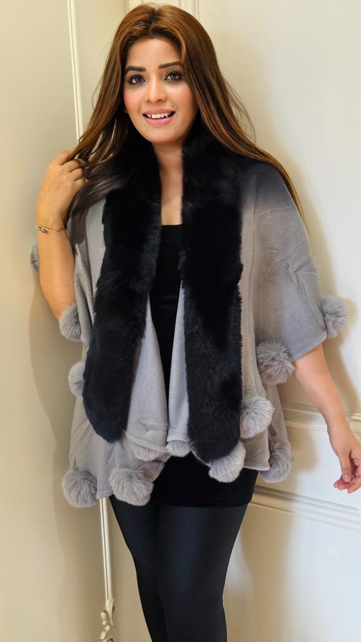 Veluna Pom-Pom Shrug- Gray, Blue, Pink, Green