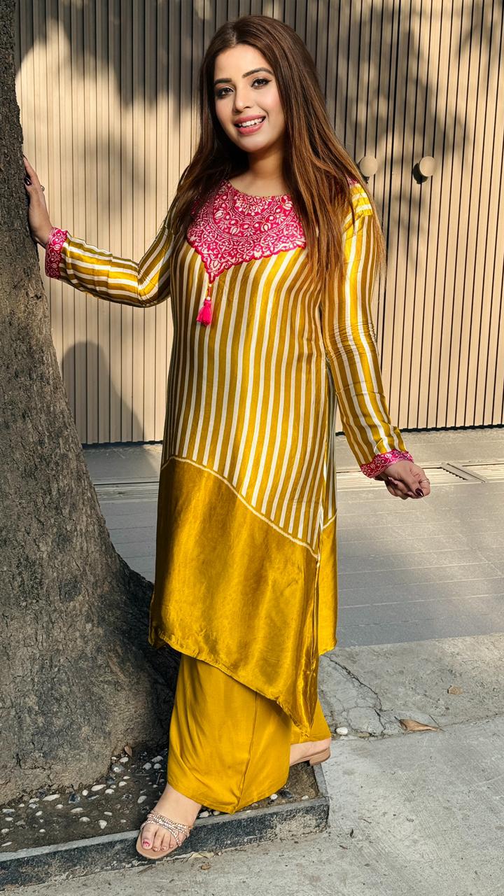 Mehvara A -Line Plazo Set- Purple, Yellow