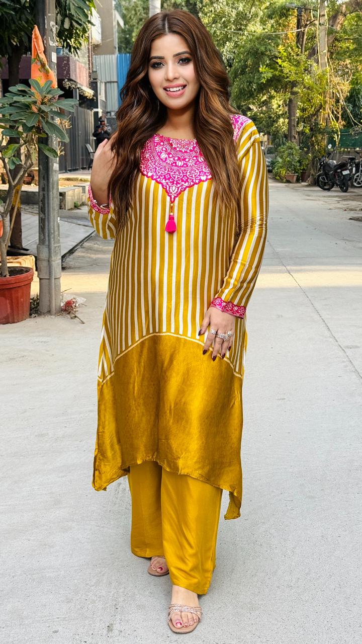 Mehvara A -Line Plazo Set- Purple, Yellow