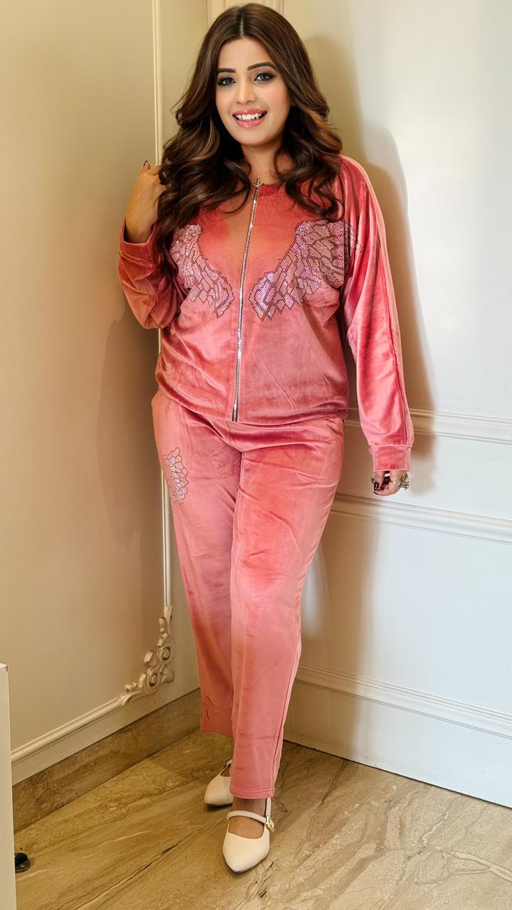 Velore Velvet Tracksuit- Green, Maroon, Black, Grey, Pink