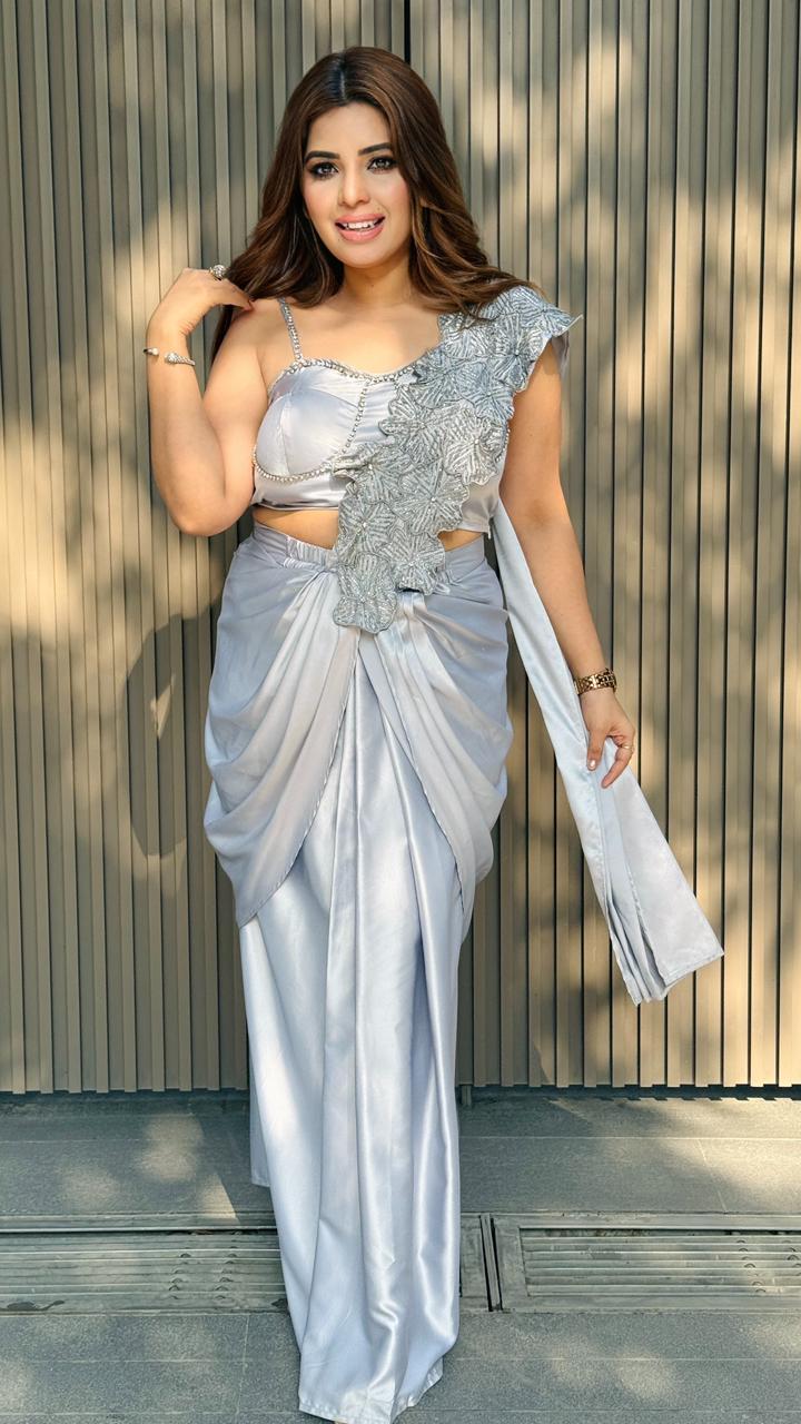 Mehika Drape Saree-Maroon, Gray, Pink, Black