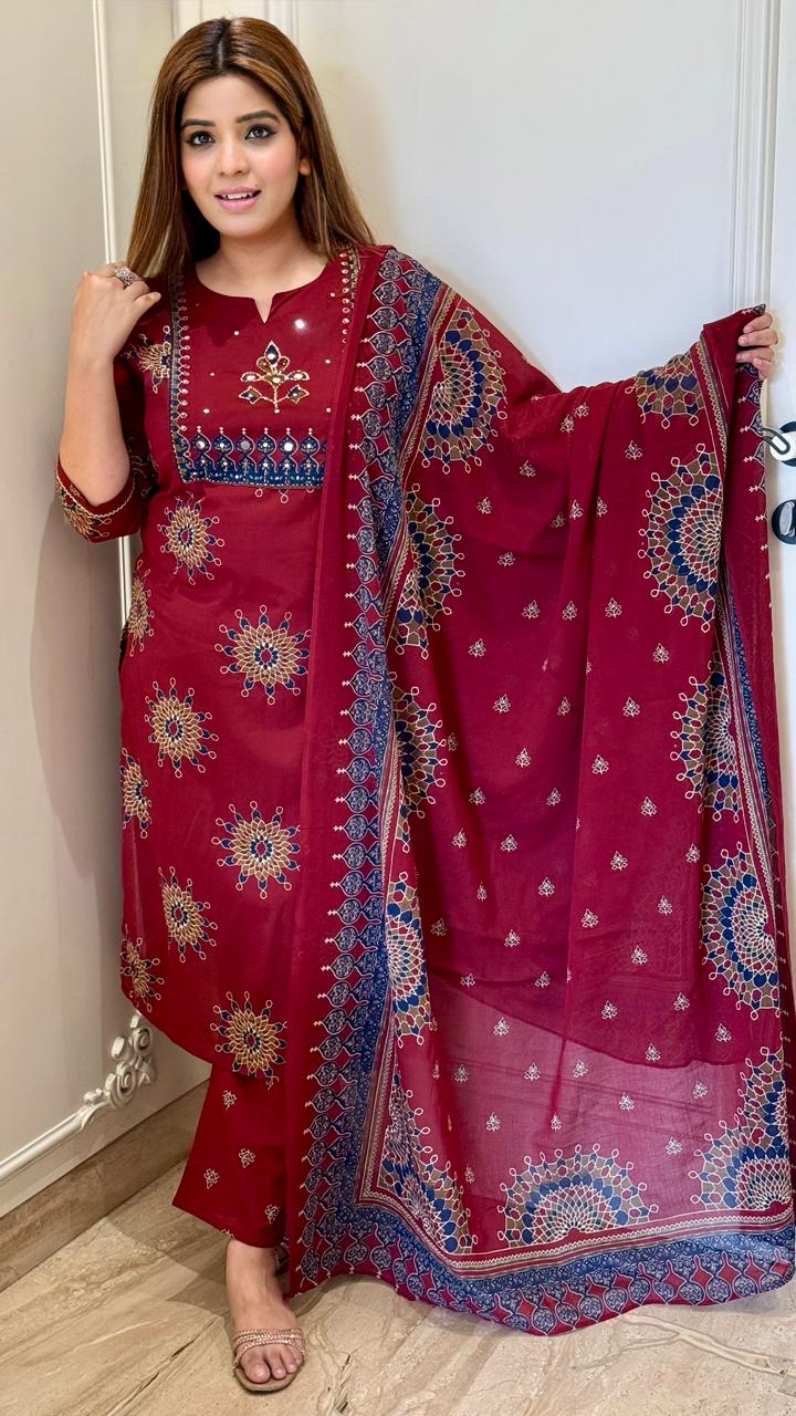 Mahvika Cotton Suit Set- Blue, Red