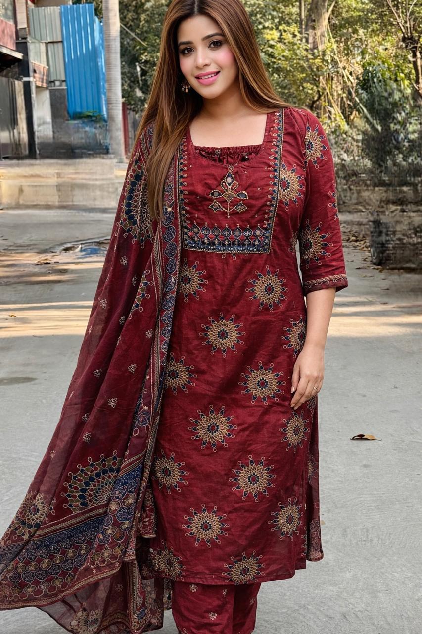 Mahvika Cotton Suit Set- Blue, Red