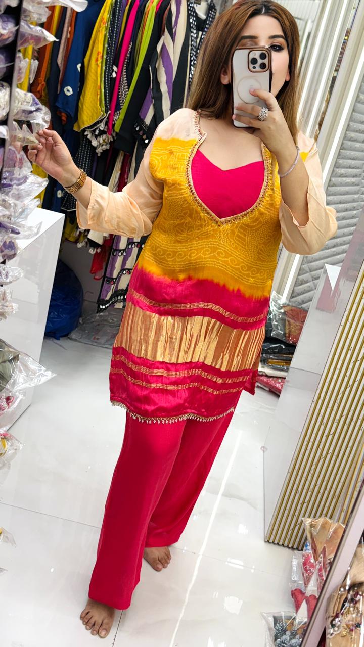 Kanira Plazo Set- Green, Pink, Red