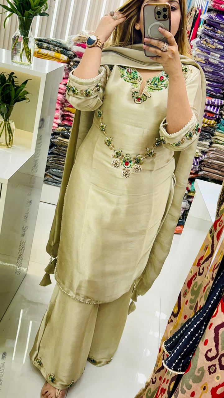 Zehvira Shimmer Suit Set- Beige, Green