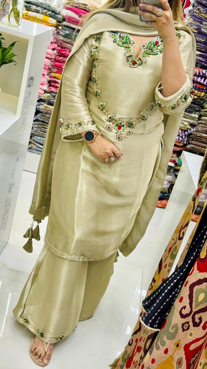 Zehvira Shimmer Suit Set- Beige, Green