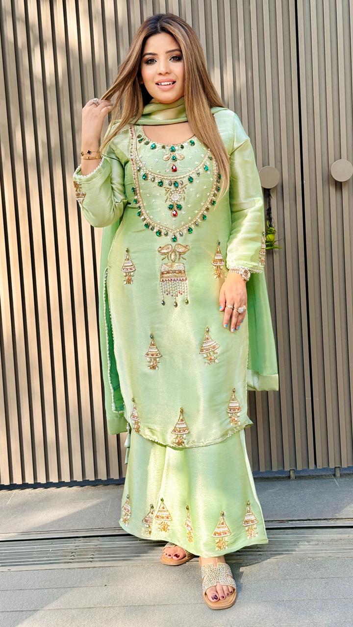 Zaranshi Organza Suit Set- Lavender, Green, Beige