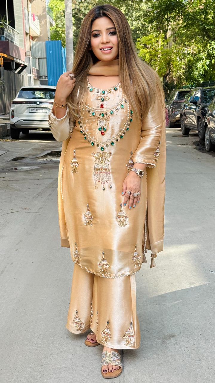 Zaranshi Organza Suit Set- Lavender, Green, Beige