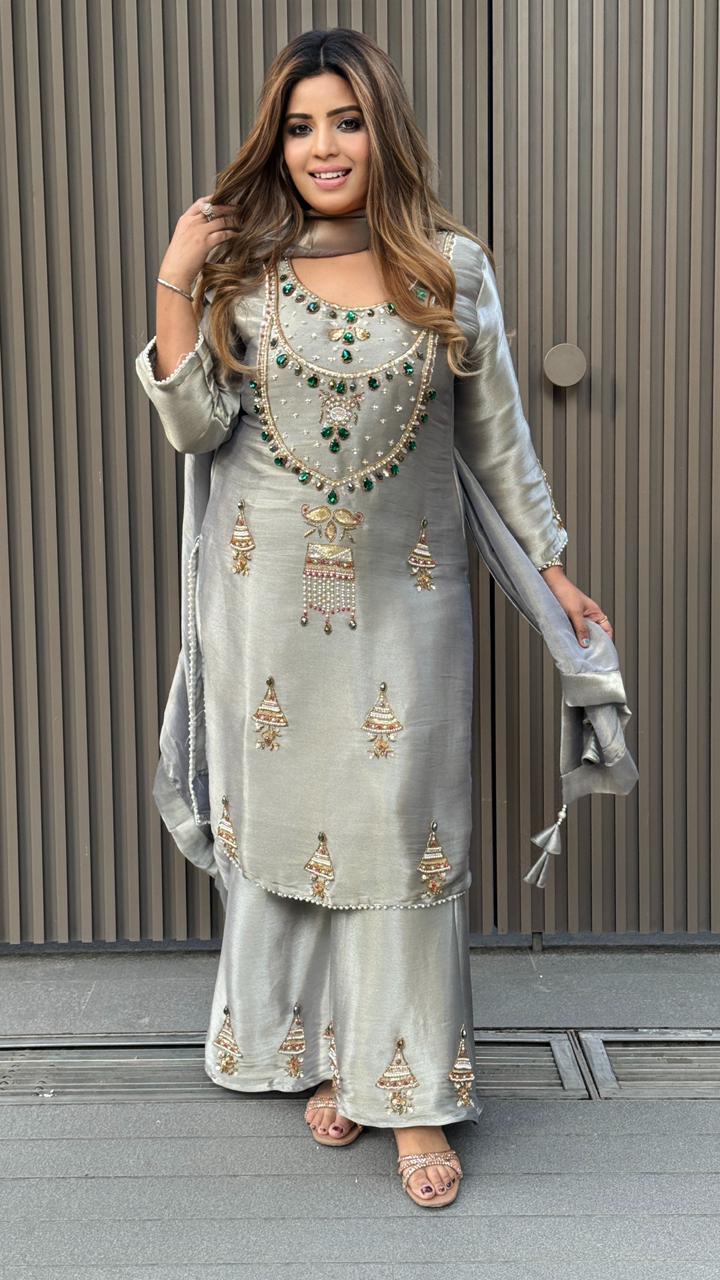 Zaranshi Organza Suit Set- Lavender, Green, Beige, Grey, Pink