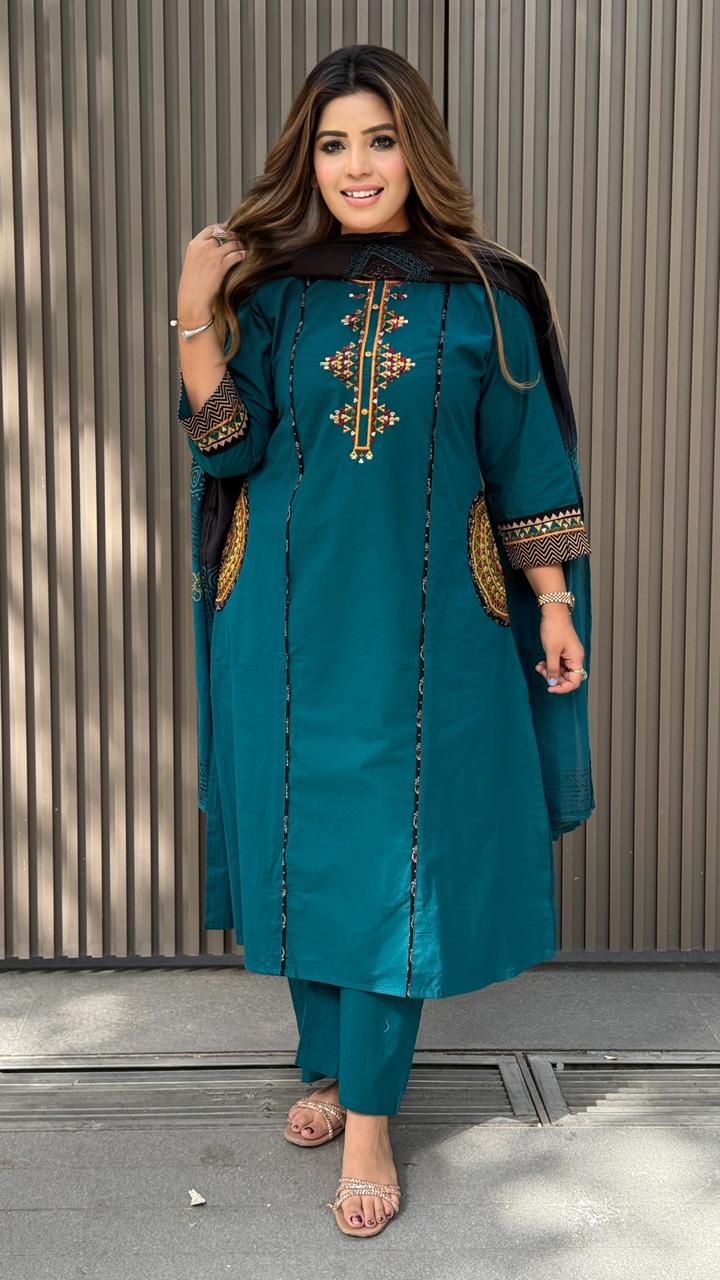 Gul Cotton A-Line Suit Set- Red, Blue