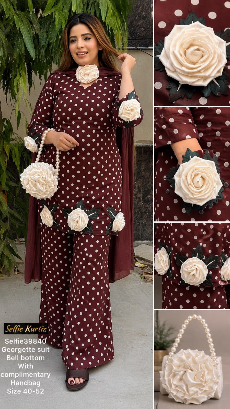 Khushboo Georgette Suit Set- Dark Brown, Black, White, Brown