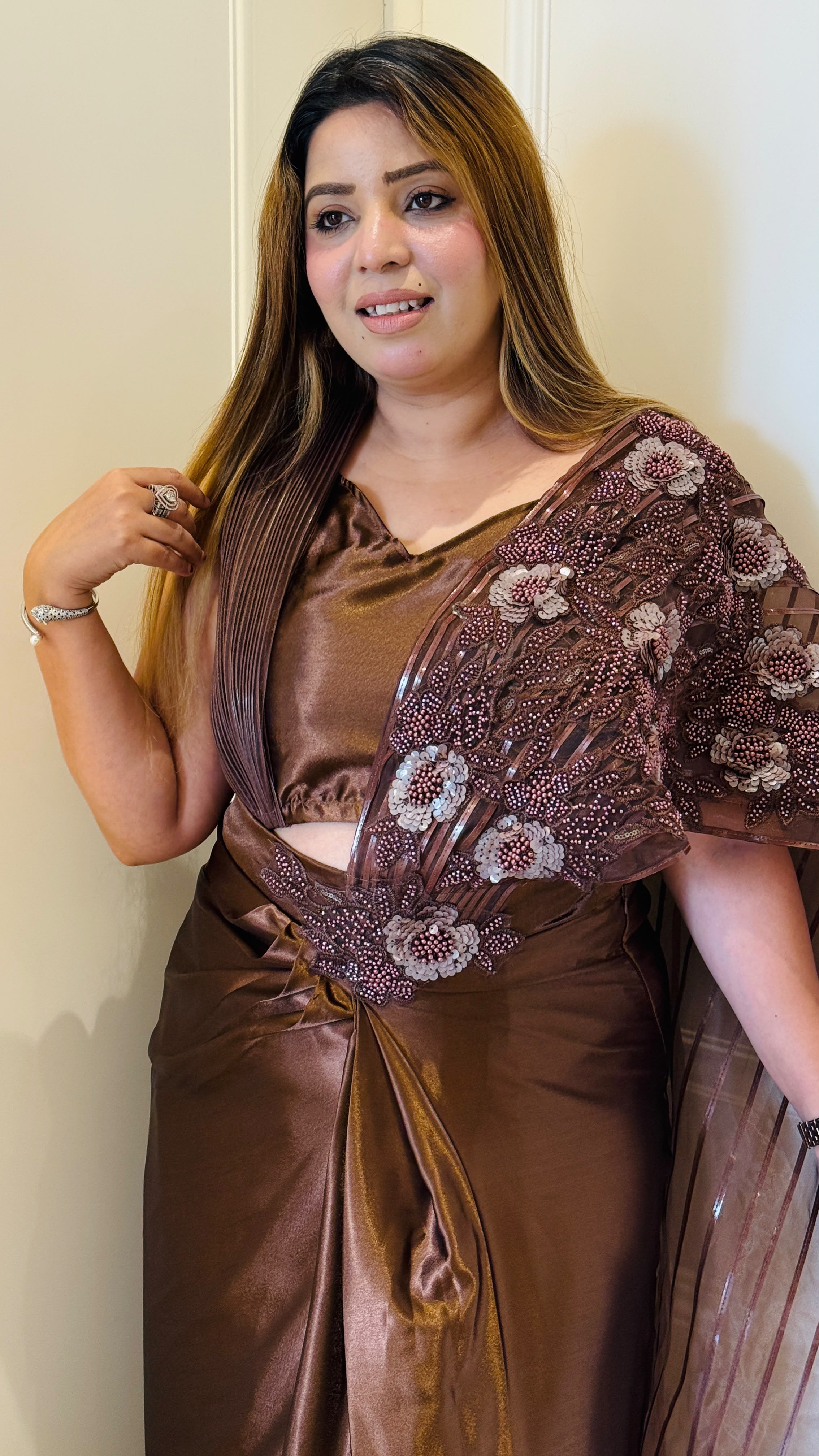 Kiara Satin Drape Saree- Pink, Black, Brown