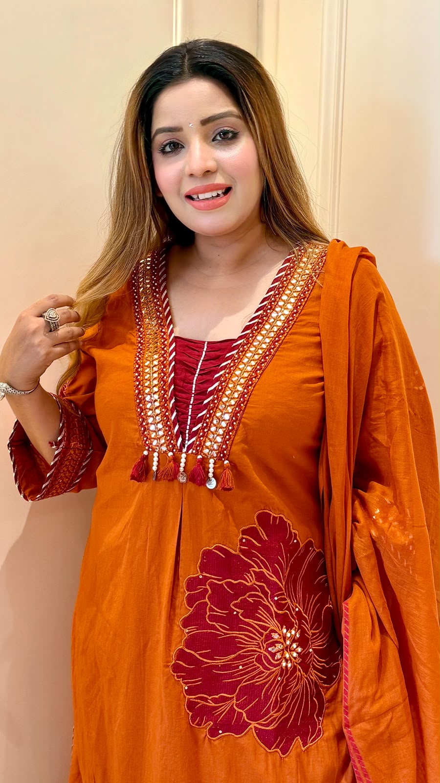Viyara Cotton A-Line Suit Set- Orange, Pink, Mustard, Blue