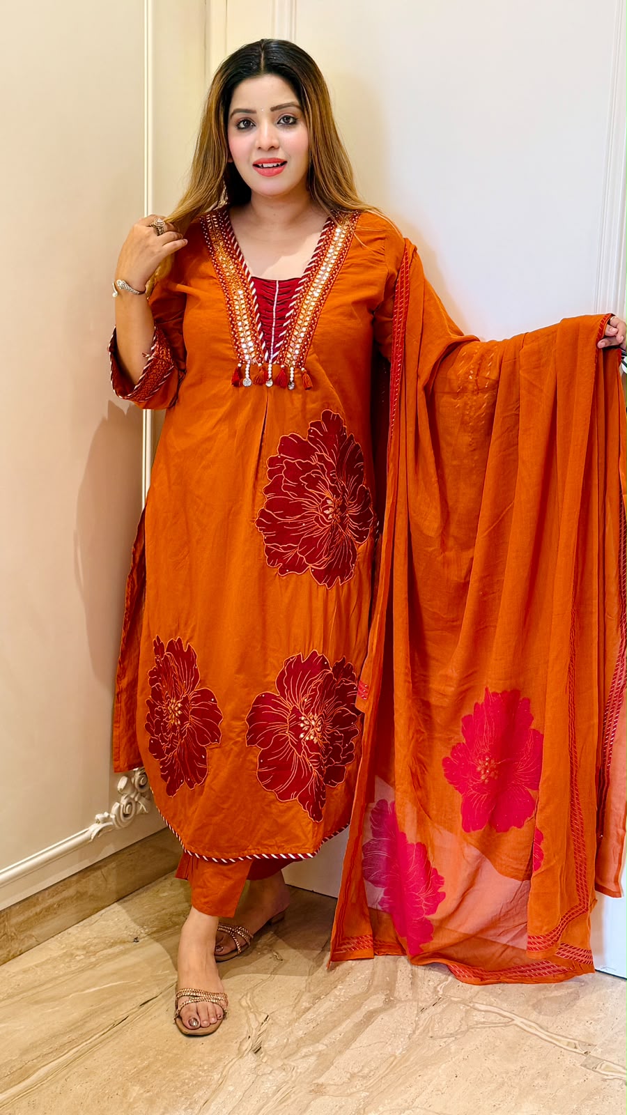 Viyara Cotton A-Line Suit Set- Orange, Pink, Mustard, Blue