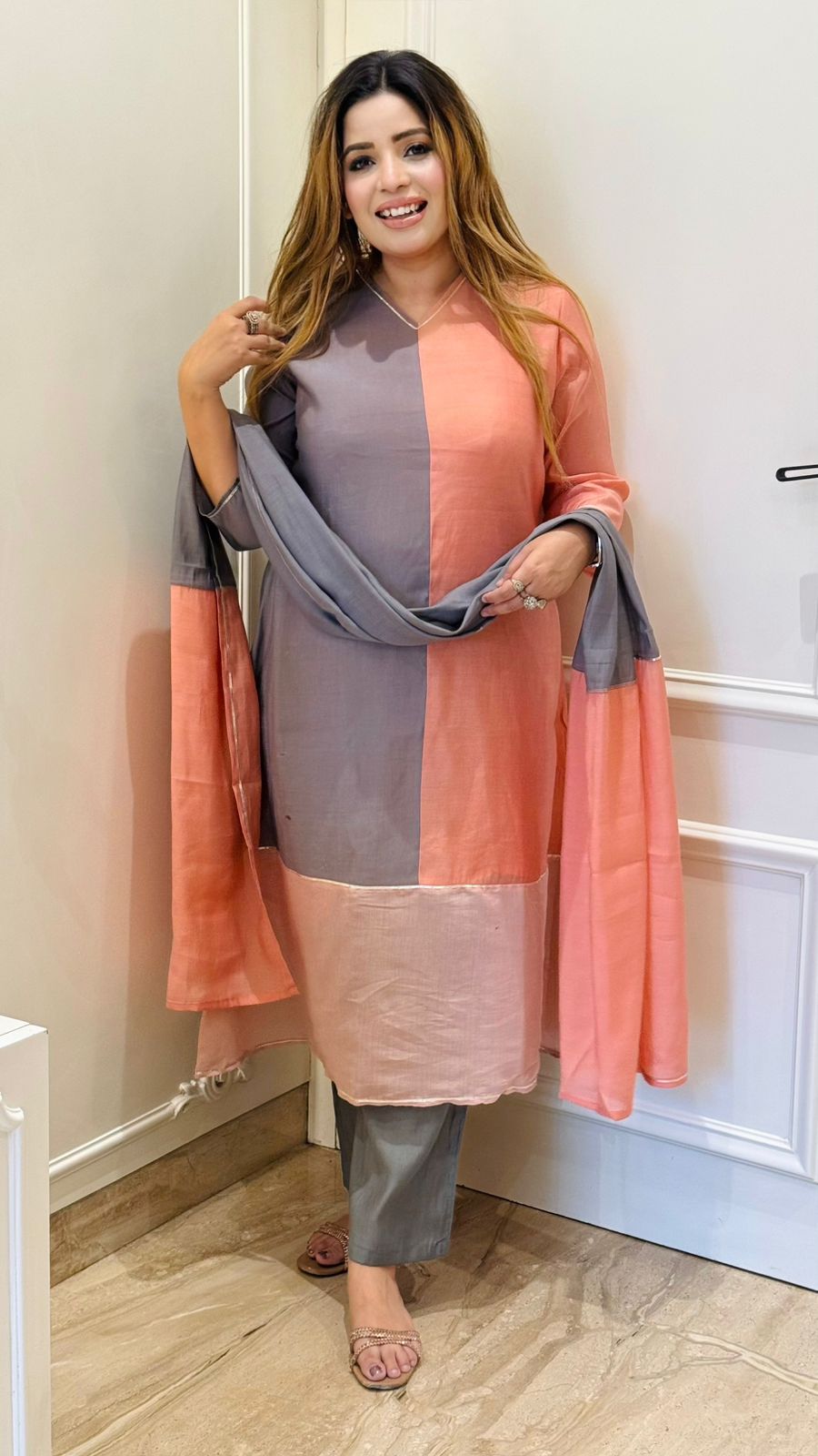 Kaira Organza A-Line Suit Set- Orange, Grey, Blue
