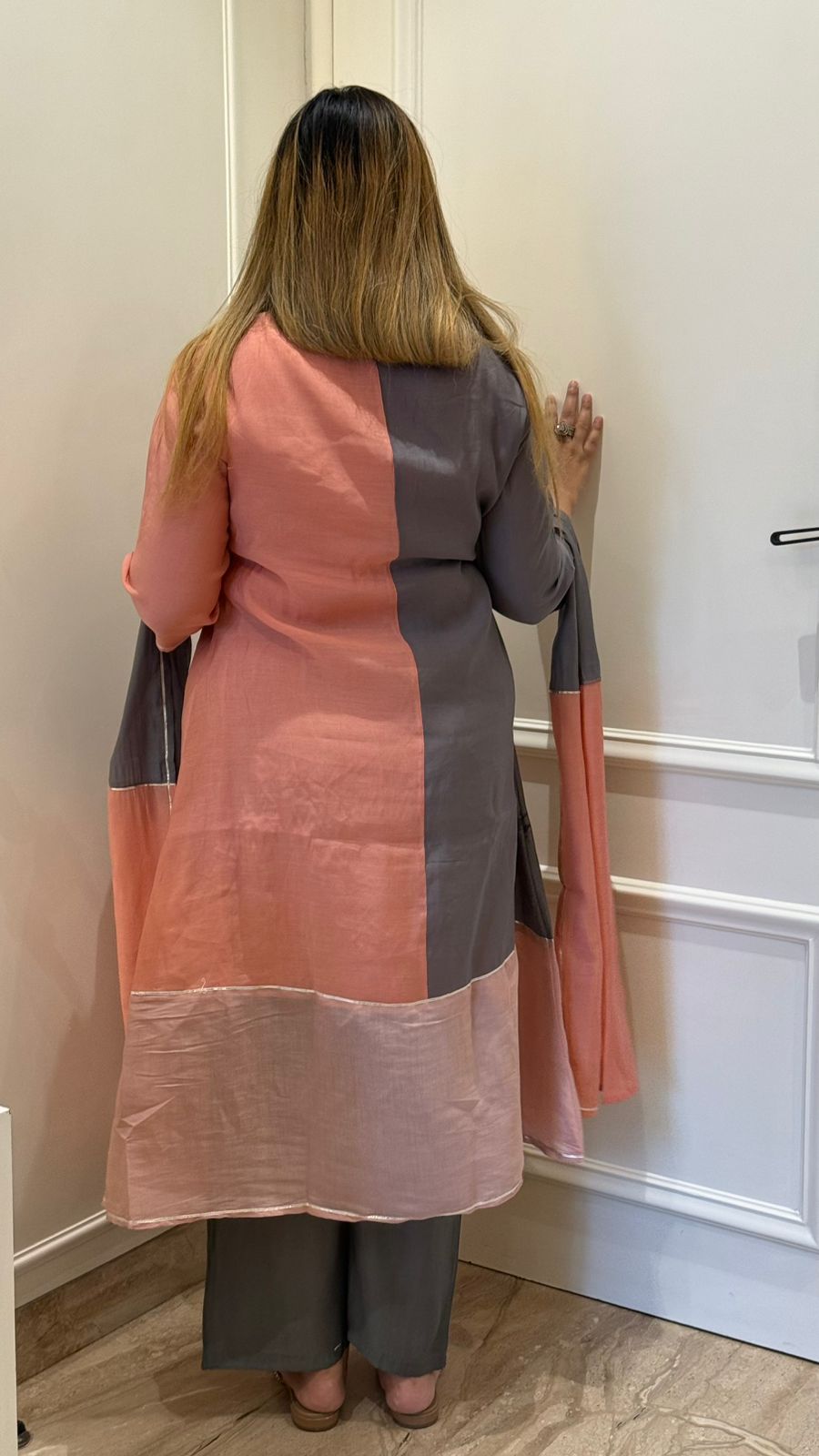 Kaira Organza A-Line Suit Set- Orange, Grey, Blue