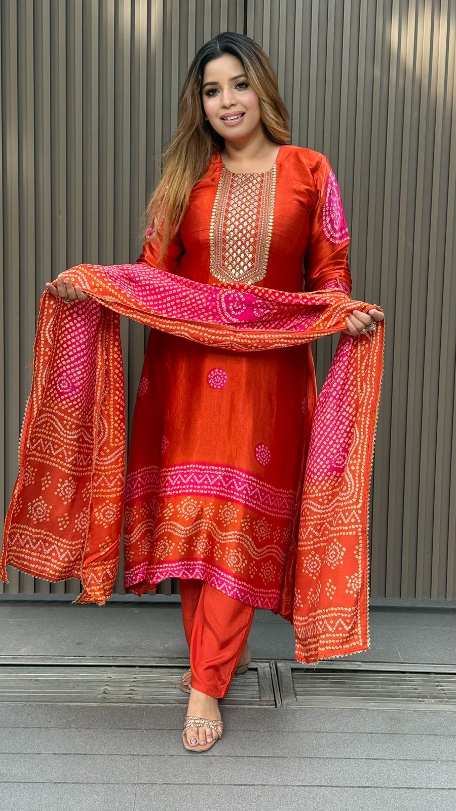 Aashiqa A-Line Suit Set- Orange, Red, Pink