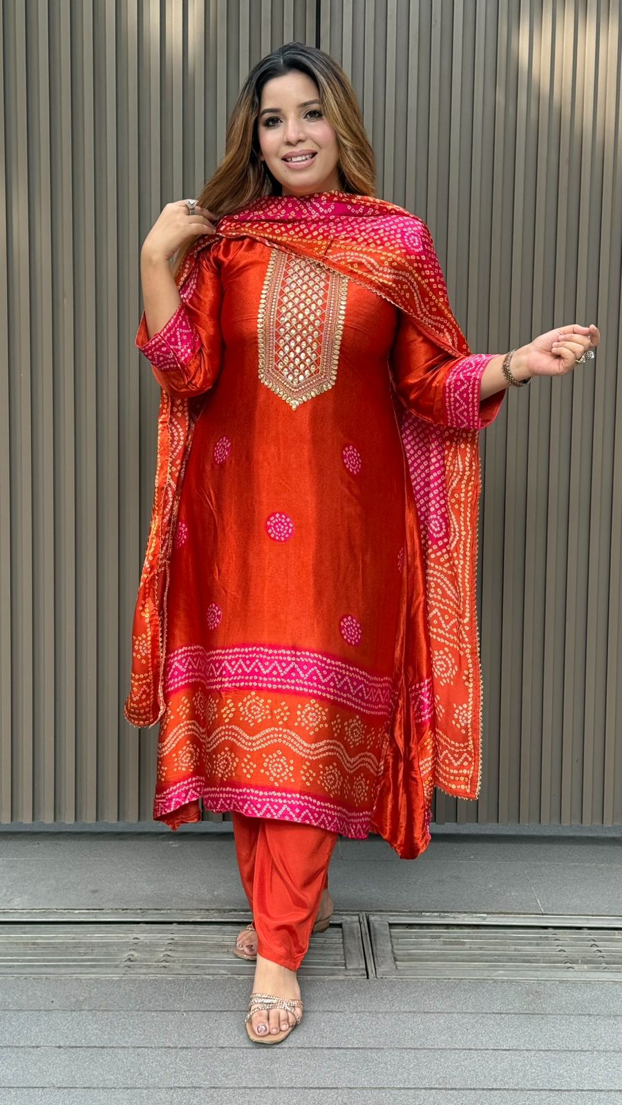 Aashiqa A-Line Suit Set- Orange, Red, Pink