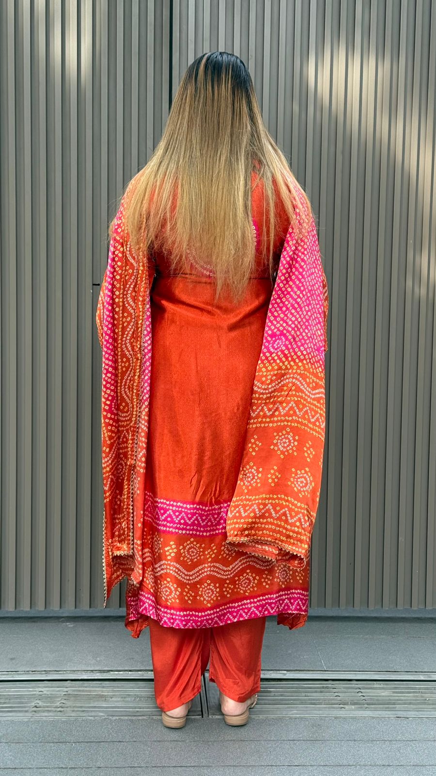 Aashiqa A-Line Suit Set- Orange, Red, Pink
