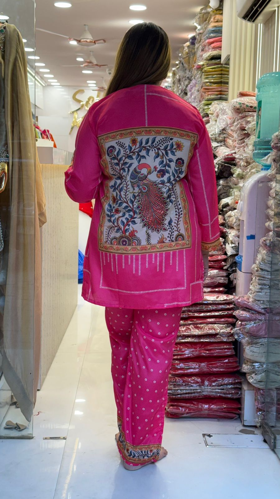 Jhanvi Bandhej Crepe Cordset- Magenta Pink, Navy
