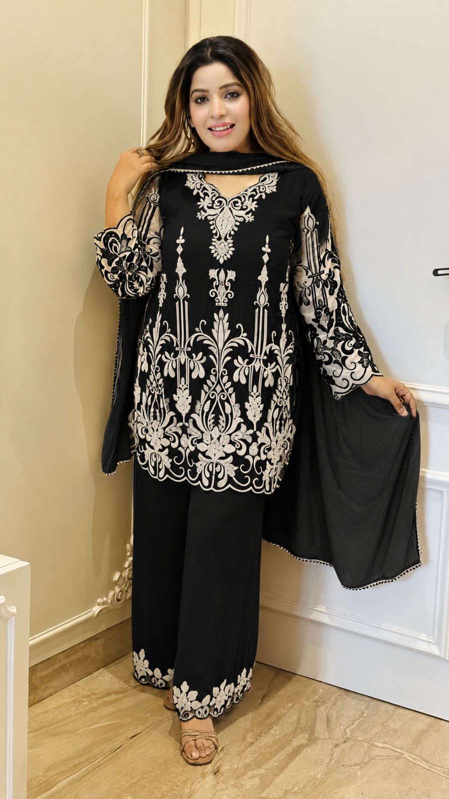 Yutika Georgette Plazo Suit Set- Black, Beige